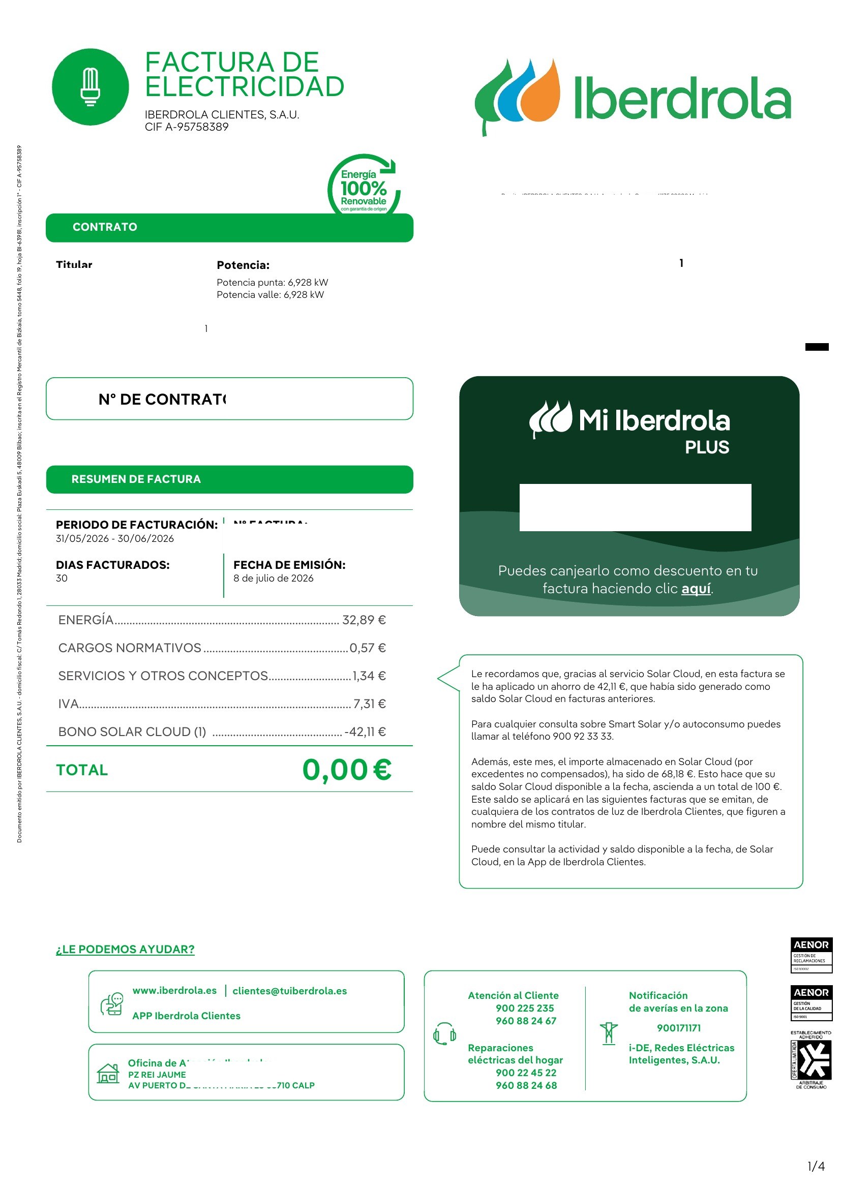 Full original Iberdrola invoice (8 July 2026), page 1/4